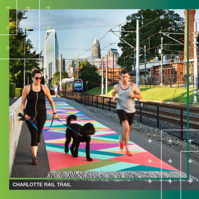The Rail Trail is a vibrant multi-use pathway that provides pedestrians a safe route on foot, bike, or scooter to explore Charlotte's diverse neighborhoods. Spanning seven neighborhoods, the trail connects Charlotte residents and visitors to over 200 shops, restaurants, and other neighborhood amenities. Learn more about how The Rail Trail Framework Plan helps connect community, commerce, and culture at the link in bio. 

#LandDesign #CNU31