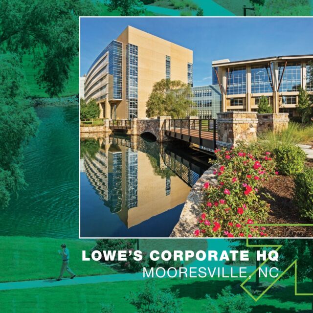 At Lowe’s Corporate Headquarters, the signature amenity lake provides quality stormwater management and sustainable landscape irrigation for the campus. Lake water quality and ecological balance are enhanced by native plantings and wetlands around the shoreline.