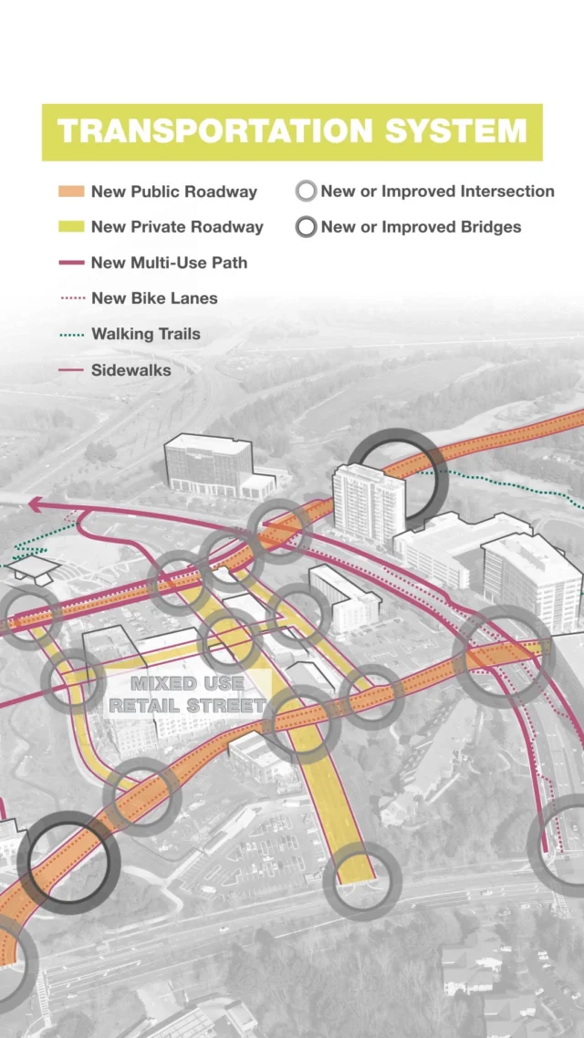 Getting around Ballantyne is becoming easier through a transportation network designed to connect people with the places they live, work, and gather.

Protected intersections, future transit connections, cyclist routes, and regional greenway links establish a flexible framework that can support new homes, workplaces, parks, and destinations for years to come.