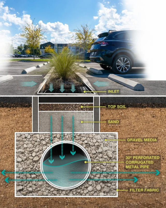 At District West, stormwater management started with an unusual existing condition: a large borrow pit that collected surrounding property drainage for decades. As part of the site’s stormwater strategy, integrated rain gardens pretreat runoff through layers of soil, sand, and gravel before directing larger storm events to the primary pond. Together, these systems preserve the site’s existing hydrologic function while making way for new multi-family housing.